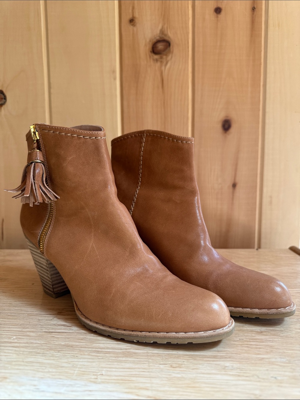 Stuart Weitzman Tan Leather Whipstitch Tassel Ankle Booties